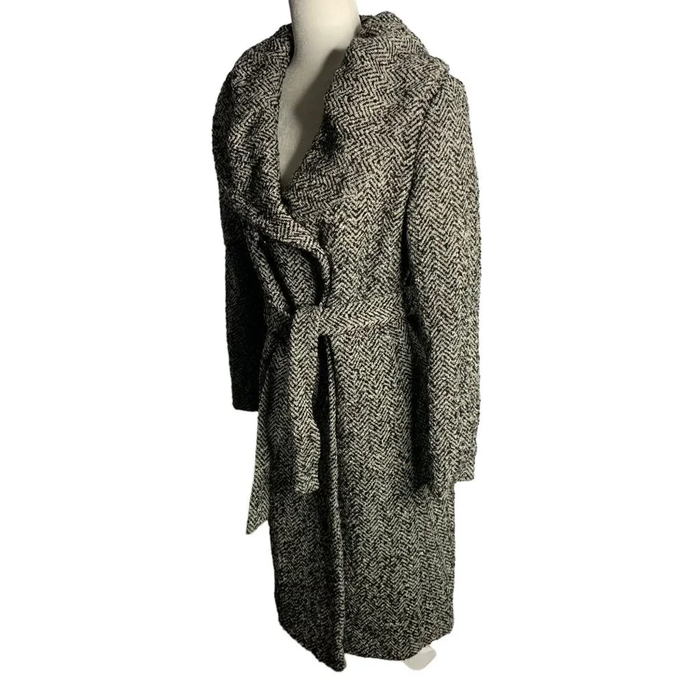 Calvin Klein Tweed Wool Blend Coat 2 Black Grey Herringbone Pockets Tie Belt - Picture 6 of 7